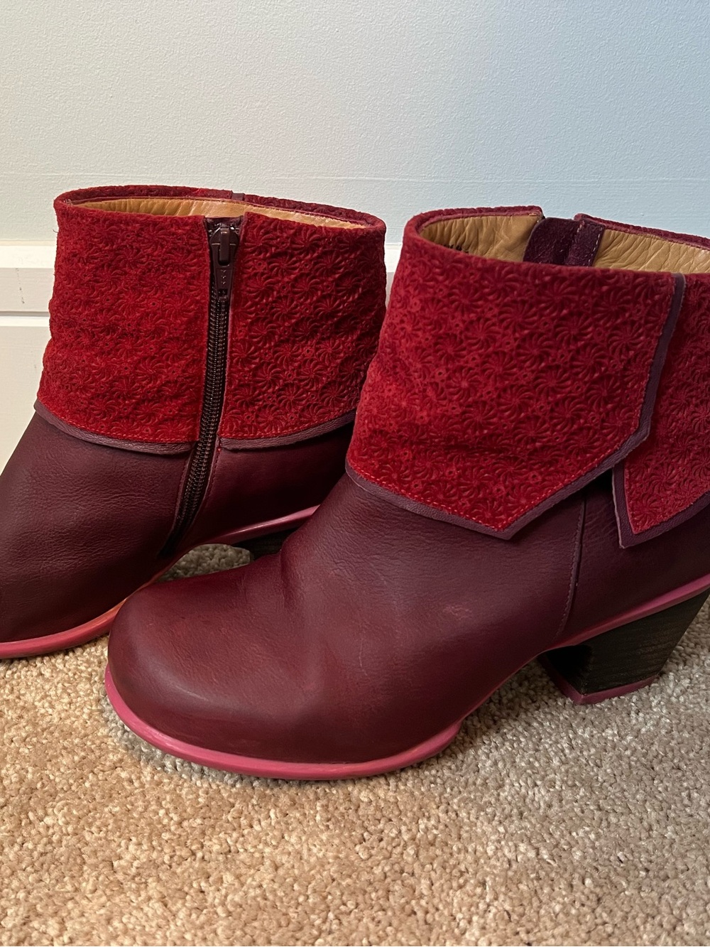 John Fluevog Women's Burgundy Fold-Over Ankle Boots